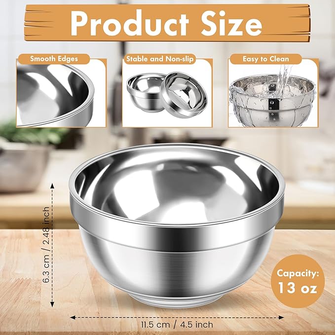Mimorou 8 Pack 304 Stainless Steel Bowls Set 13oz Metal Double Walled Insulated Snack Mixing Lightweight Multipurpose Dinner Bowls for Ice Cream, Cereal, Snack