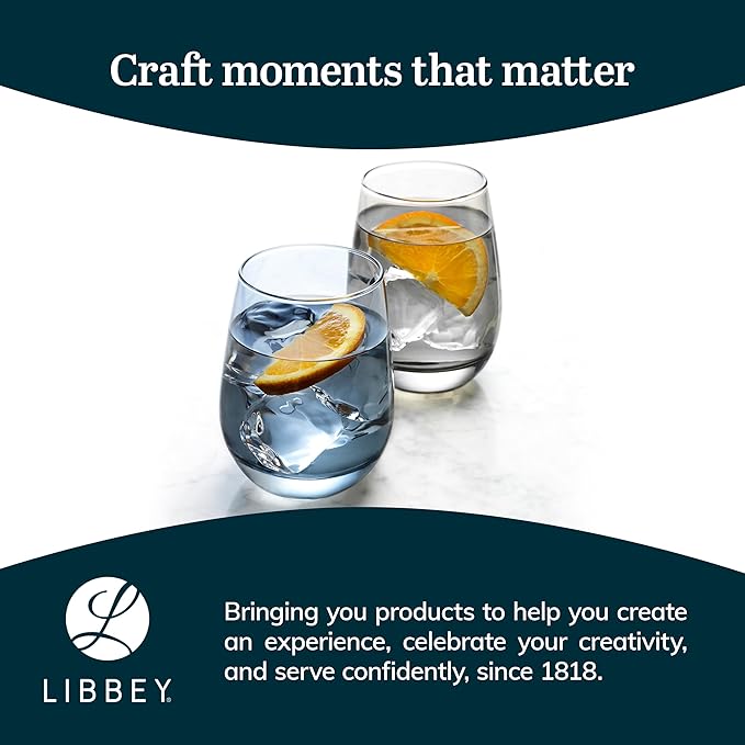 Libbey 231L Stemless Wine Glasses Set of 12, Tidal Blue, Restaurant Quality Red and White Wine Glasses, Drinking Glasses Set for Large Gatherings