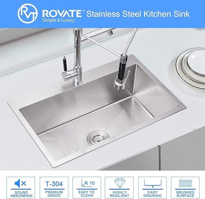 ROVATE 28 ×18 Inch Drop-in Kitchen Sink 304 Stainless Steel Single Bowl, Handmade 18 Gauge 9 Inches Deep Kitchen Sink Topmount with Basket Strainer