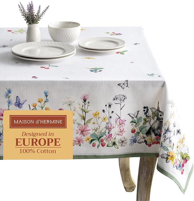 Maison d' Hermine Table Cloth Rectangle Table 100% Cotton 70 x 120 Inches Tablecloth Reusable Decorative for Dining Room Farmhouse Home Valentines Day Decorations Spring Summer - Printemps