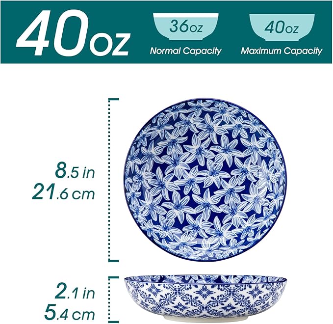 vancasso Selene 8.5" Pasta Bowls Set of 6, 40 oz Porcelain Shallow Salad Bowls, Serving Bowls Large Kitchen Bowl Plates Pasta Plates, Blue & White Floral Design, Microwave Safe