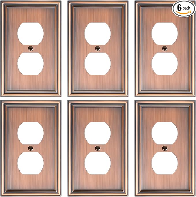 6-Pack Single Duplex Outlet Cover Plate, Decorative Antique Copper Switch Plates and Outlet Covers, Metal Wall Plates for Electrical Outlets, 1 Gang Receptacle Cover, Corrosion Resistant