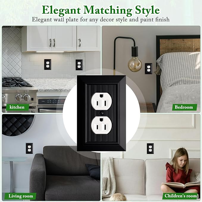 Beadboard Outlet Covers Wall Plates, Bamboo Fiber Light Switch Covers, Natural Material Electric Receptacle Decorative Switch Plate Outlet Cover Matte Black (1 Gang Duplex 4 Pack)
