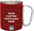 Custom Stainless Steel Mugs with Carabiner Handle 10 oz. Set of 50, Personalized Bulk Pack - Perfect for Coffee, Soda, Other Hot & Cold Beverages - Red