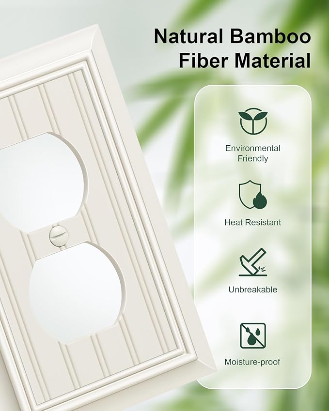 2-Pack Classic Beadboard Duplex Outlet Cover Plate, Decorative Light Almond Switch Plates and Outlet Covers, Natural Bamboo Fiber Wall Plates for Electrical Outlets, 1 Gang Receptacle Cover