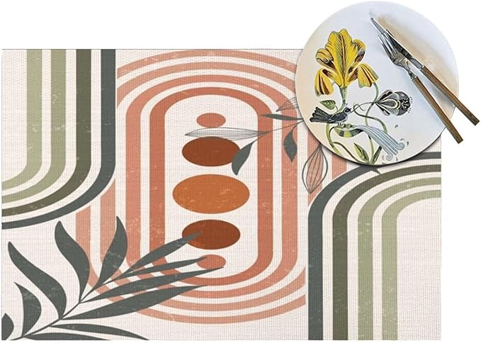Mid Century Boho Sage Placemats, Abstract Bohemian Mid Century Plant Leaf Rainbow Dots Washable Place Mats 12x18Inch for Dining Kitchen Farmhouse Decor 6 PCS