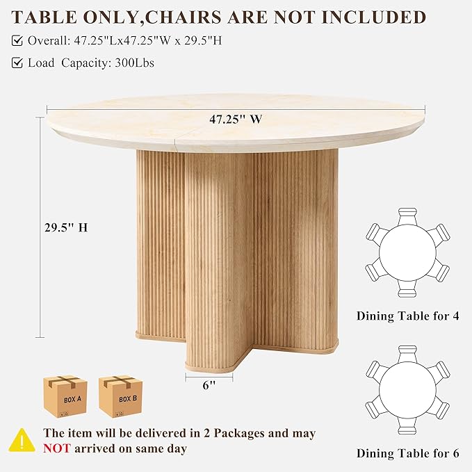 T4TREAM 47" Fluted Round Dining Table for 4-6, Mid-Century Modern Kitchen Table with Thickened Edge & Sturdy Pedestal Base for Kitchen Living Room,Marble & Natural Oak(Table Only)
