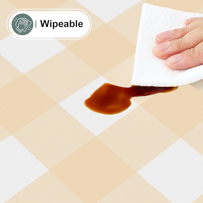 misaya Rectangle Waterproof Vinyl Table Cloth, Buffalo Flannel Backed Tablecloth, Wipeable Plastic Table Cover for Dinner, Kitchen, Outdoor (60" x 84", Beige and White)
