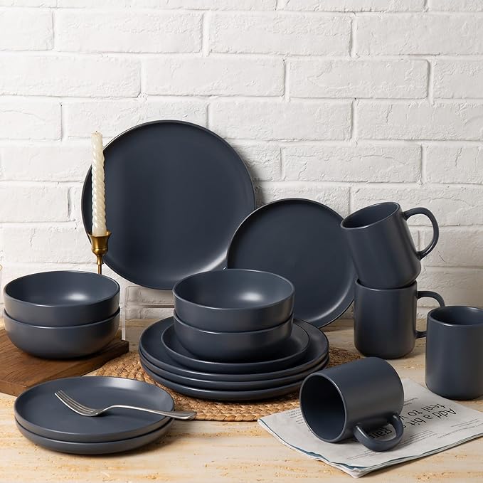 12-Piece Stoneware Dinnerware Set with Mugs | Microwave and Dishwasher Friendly | Stackable Matte Glaze Plates & Bowls | Service for 3 (Blue for 4)