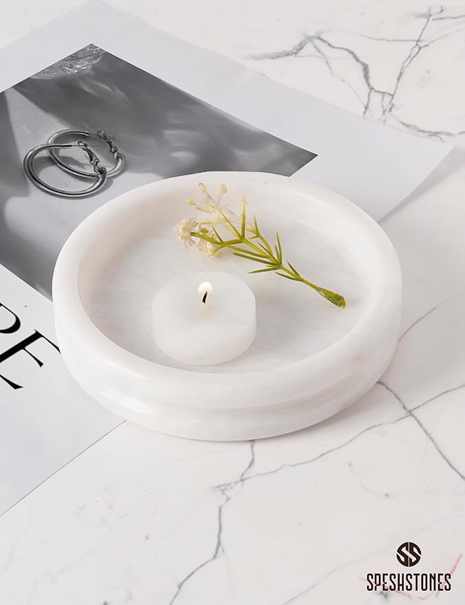 Marble Jewelry Dish 5 Inch Handmade White Jewelry Tray for Vanity Decor - Stone Trinket Dish, Marble Ring Holder, Candle Plate, Key Bowl for Entryway Table