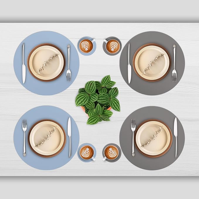 Myir JUN Round Placemats Set of 6 Faux Leather Place Mats and Coasters 15 inch Round Table Mats Dual Sided Non-Slip Stain Resistant Placemats (Gray & Sky Blue, Set of 6)