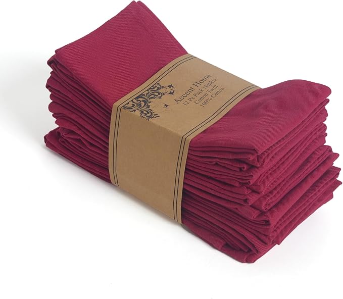 ACCENTHOME Accent Home 100% Cotton Napkins, Delicate Cloth Napkins for Dinners, Parties and Weddings，18 x 18 Inch Set of 12 - Burgundy