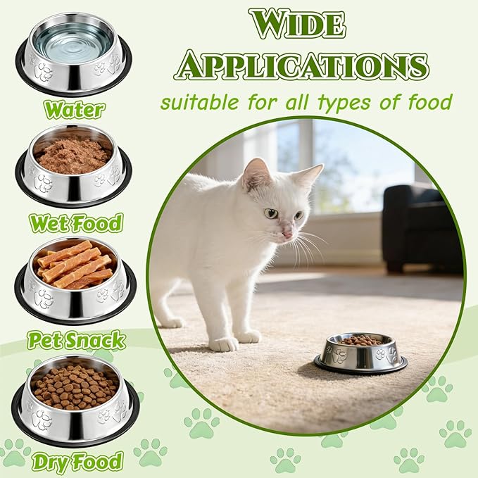 10 Pack Stainless Steel Cat Bowl, 7 Oz Mini Shallow Puppy Pet Bowls with Rubber Base, Stackable Dog Food Water Feeding Dish for Indoor Kitten Small Dog (XS)