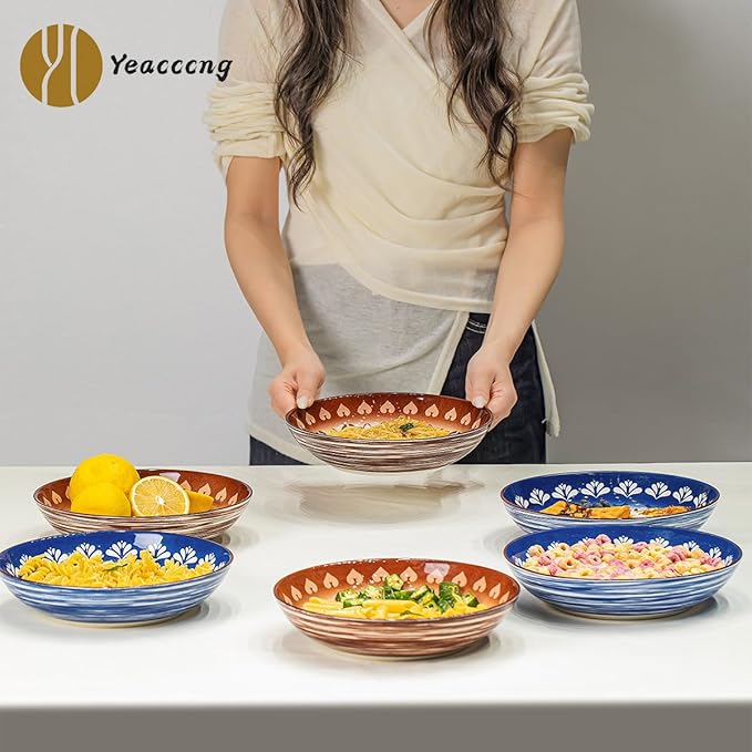 Yeacccng Pasta Bowls Set of 6, 35 Oz Ceramic Large Salad Bowl, 8.5 Inch Colorful Serving Bowls for Kitchen, Dishwasher & Microwave Safe, Scratch-Resistant, Lead-Free (Brown*6)