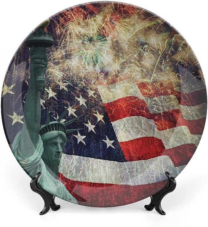 Ceramic Display Plate, American Flag Ceramic Hanging Decorative Plate, Fireworks 4th of July, 6 Inch, Household Custom Ceramic Plate, Multicolor