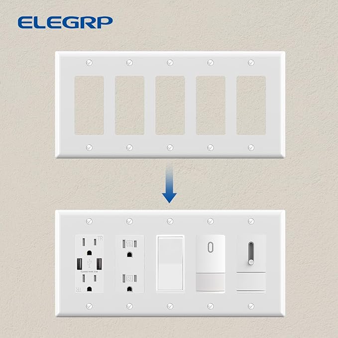 ELEGRP 5-Gang Decorative Wall Plates, Standard Size 4.52" H x 10.03" L Unbreakable Thermoplastic Faceplate Cover for Decorator Receptacle Outlet Switch, UL Listed (2 Pack, Glossy White)