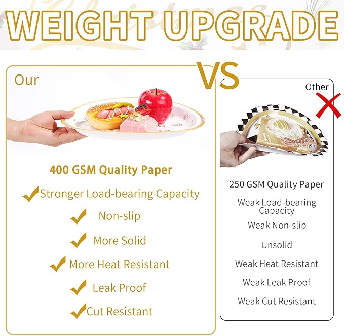 Grencian 50pcs Merry Christmas Oval Paper Plates - 10" x 12" Heavy Duty 400GSM Gold Christmas Tree Dessert Plates for Xmas Winter Holiday Party Supplies
