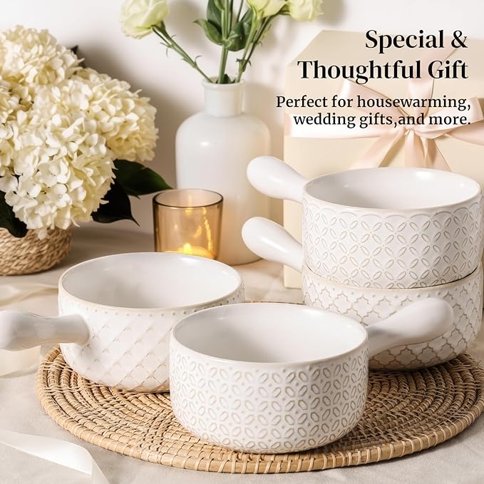 DOWAN French Onion Soup Bowls, 18 Oz Soup Bowls with Handles, Oven Safe Stackable Ceramic Soup Crocks for Chili, Beef Stew, Microwave & Dishwasher Safe Set of 4