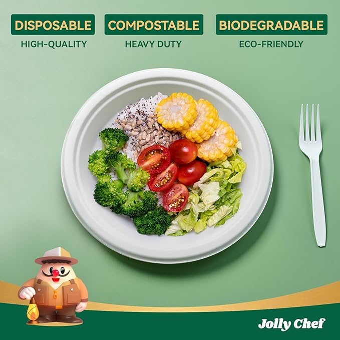 JOLLY CHEF Compostable Heavy Duty Plates 9 Inch [300 Pack] Eco-Friendly Disposable White Paper Plates Bagasse Biodegradable Sugarcane Bulk for Party Dinner Lunch Hot Cold Foods Christmas