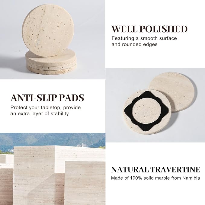 Koville Travertine Coasters, Marble Coaster Set of 4 for Drinks, 4" Round Stone Coasters Set Heat Resistant, Decorative Modern Cup Coaster for Coffee Table Home Bar Decor, Unique Gift Choice(Beige)