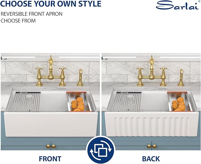 Sarlai 33 Inch Farmhouse Sink White Kitchen Sink Apron Front 33 x 20 Ledge Workstation Farm Fireclay Porcelain Ceramic Undermount Farmer Farm Kitchen Sinks Basin With Gold Drainer