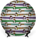 Ceramic Plates, Dog Lover Decorative Ceramic Plates, Cartoon Style Dachshunds Dressed in Pyjamas Chevron, 8 Inch, for Dining, Parties, Wedding, Multicolor