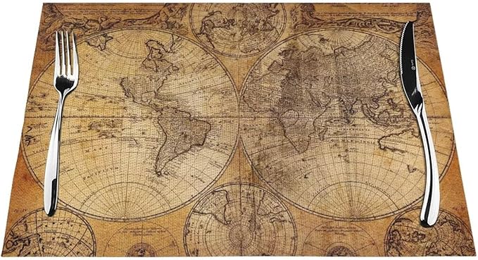 Vintage World Map Placemats Set of 4 Old Paper Retro Style Nostalgic Historical Wipeable Table Mats Reusable Washable PVC Rectangle Place Mats for Kitchen Dining Home Decor 12x18 Inches