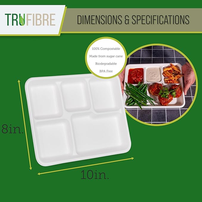 5 Compartment Plates, 100% Natural Disposable Biodegradable Plates, Lunch Trays for Cafeteria, Food, Meals, Dinner, Bulk, 10.35x8.35 Inch,125 Pack
