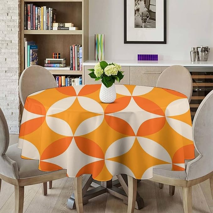 Retro Mid Century Round Tablecloth, Abstract Geometric Mid Century Colorful Pattern Print Tablecloth for Home Party Dining Room Kitchen Decor 36Inch(90cm)