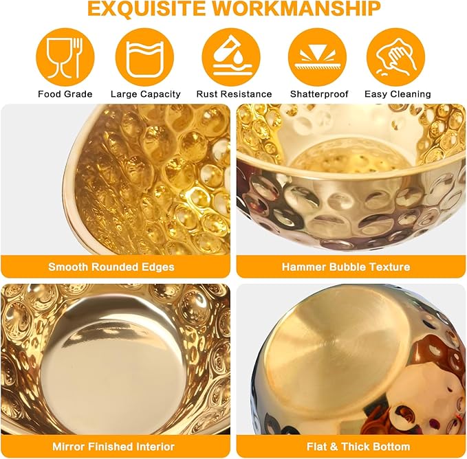 Gold Mixing Bowls Set of 5, Stainless Steel Mixing Bowls, Metal Nesting Salad Bowls Kitchen Food Storage Containers for Cooking, Baking, Prepping Christmas Serving, No Lids, 1.6/2/3.2/4.2/4.9 QT