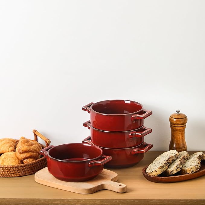 vicrays Ceramic Soup Bowls with Handles, 24 Oz Porcelain Soup Crocks for French Onion Soup, Cereal, Beef Stew, Chill, Pasta, Pot Pies, Microwave and Oven Safe, Set of 4 (Cherry Red)