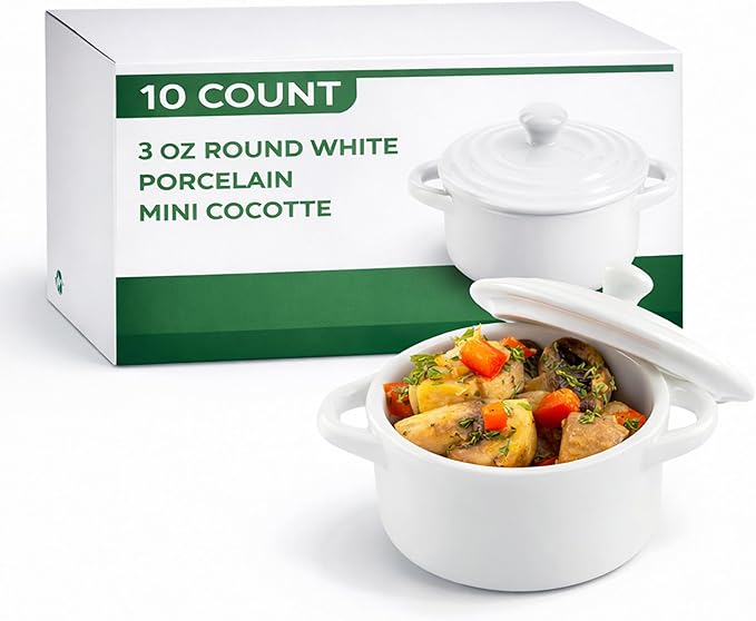 Restaurantware 3 Ounce Mini Cocotte 10 Oven-Safe Mini Dishes - Built-In Handles Microwave-Safe White Porcelain Mini Dutch Oven With Lid Dishwasher-Safe For Baking Appetizers Or Desserts