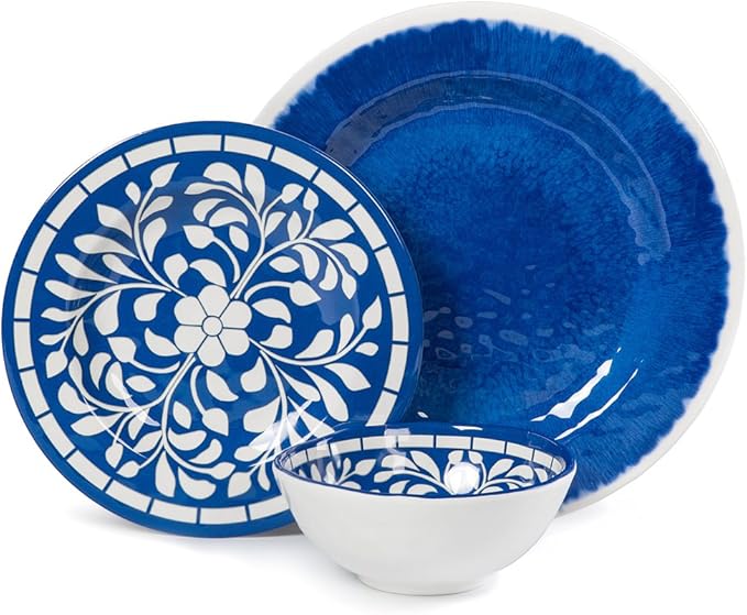Melamine Dinnerware Set - 12 Pcs Dinner Dishes Set for 4, Plates and Bowls Set for Indoor & Outdoor Use- Dishwasher Safe, Unbreakable, Blue