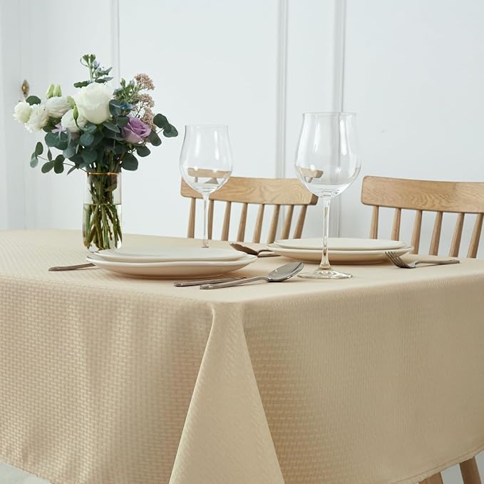 maxmill Jacquard Tablecloth Stain Resistant Waterproof Wrinkle Resistant Spillproof Washable Soft Weaved Texture Table Cloth for Dining Room, Indoor Outdoor Use, Rectangle 60 x 140 Inch, Natural