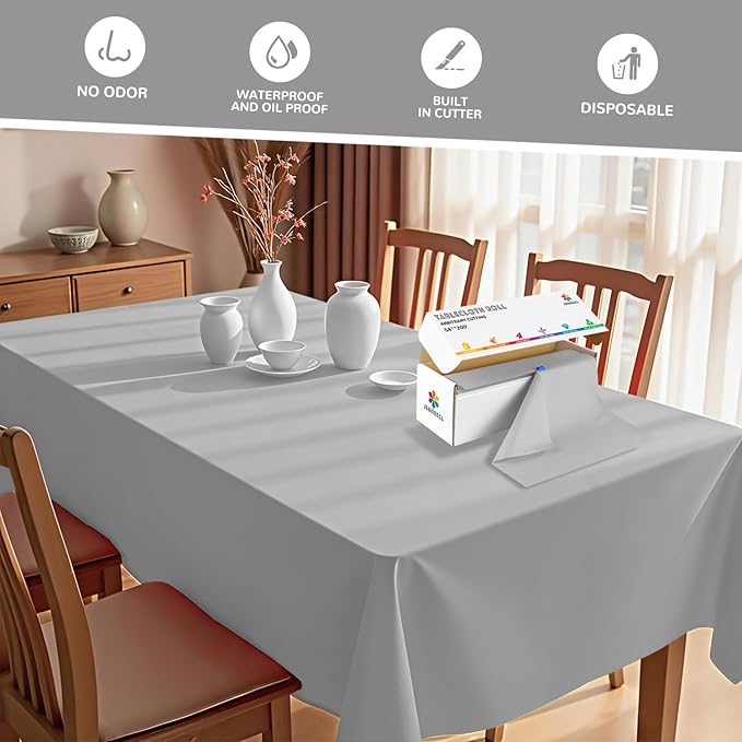 54 Inch X 200 Feet Plastic Table Cover Roll with Convenient Slide Cutter, Disposable Plastic Table Cloth Roll with Cut-to-Size Design for Weddings, Banquets, Parties (Silver Grey)