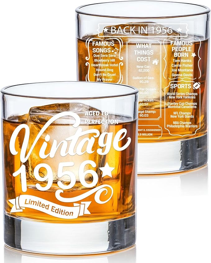 Old Fashioned Glasses-1956-Vintage 1956 old time information 10.25oz Whiskey Rocks Glass -70th Birthday Aged to Perfection - 70 years old gifts Bourbon Scotch Lowball Old Fashioned-1PACK