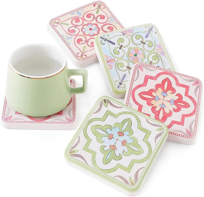 Coasters Set of 4, Square Drink Coasters Absorbent Heat Resistant Diatomite Coaster Cup Mats Vintage Home Decor for Coffee Table Desktop Protection (B, 3.9" x 3.9", 4pcs)