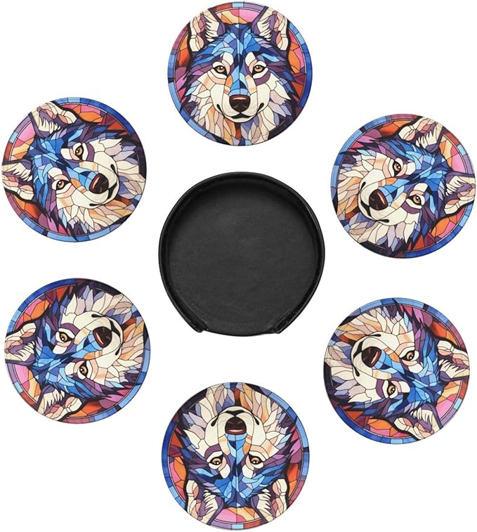 Drink Coaster Set of 6, Siberian Husky Dog Mom Lover Gift,Leather Drink Coasters with Holder,6 Pack Cup/Bar/Drink Coasters for Table/Drinks/Coffee Protection Housewarming Gift