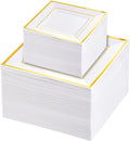 Liacere 100PCS White and Gold Square Plastic Plates-50PCS Heavy Duty 9.5inch White Dinner Plates and 50PCS 6inch White Dessert Plates - Gold Plastic Plates for Party & Christmas & New Year