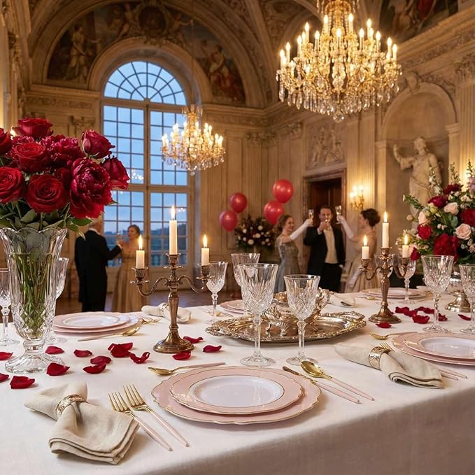 I00000 144Pcs Pink Plastic Silverware, Gold Disposable Flatware with Pink Handle, Gold Plastic Cutlery Set Includes: 48 Forks, 48 Knives and 48 Spoons Perfect for Party & Wedding