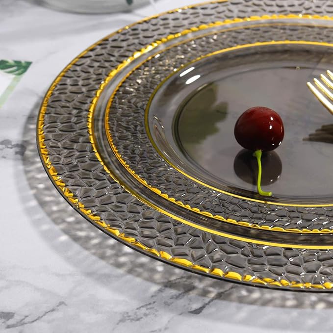 Nervure 150PCS Clear Black Plastic Plates - Gold Party Plates - Black and Gold Dinnerware Set Include: 50 Plate, 25Cups, 25Forks, 25Knives, 25Spoons for New Year & Party & Halloween