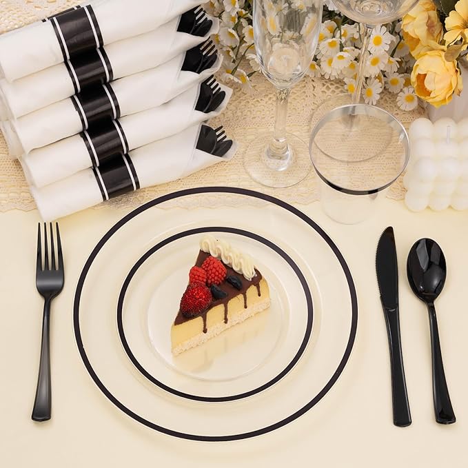 BESTSTAR 350PCS Clear and Black Disposable Plates Set for 50 Guests, 100 Plastic Plates, 50 Plastic Cups, 50 Pre-Rolled Napkins with Cutlery for Party, Thanksgiving, Birthday, Halloween, Christmas