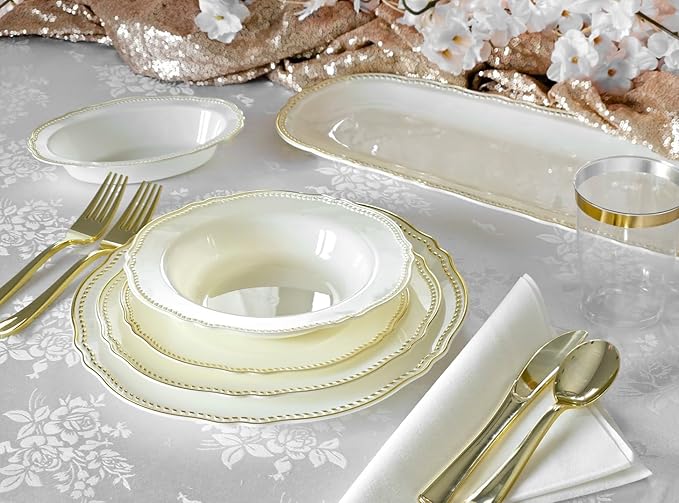 " OCCASIONS " 240 Plates Pack,(120 Guests) Heavyweight Premium Disposable Plastic Plates Set -120 x 10.25'' Dinner + 120 x 7.5'' Salad/Dessert (Rochelle Ivory and Gold)