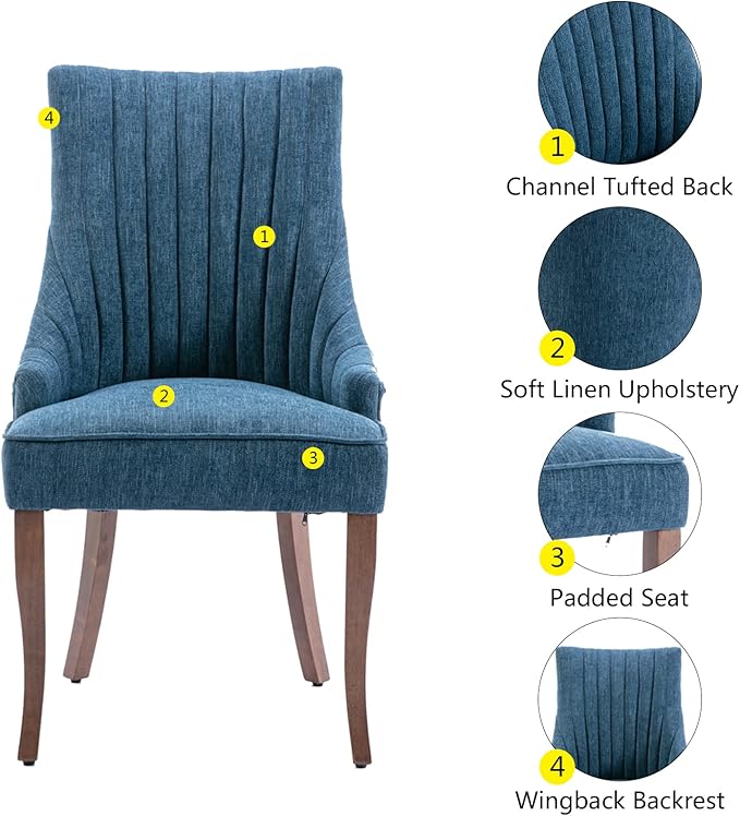 mikibama Linen Dining Chairs Set of 6 Channel Tufted Kitchen Dinner Chair Comfy Fabric Upholstered Accent Chair for Dining Room with Solid Wood Legs (Blue 6pc)