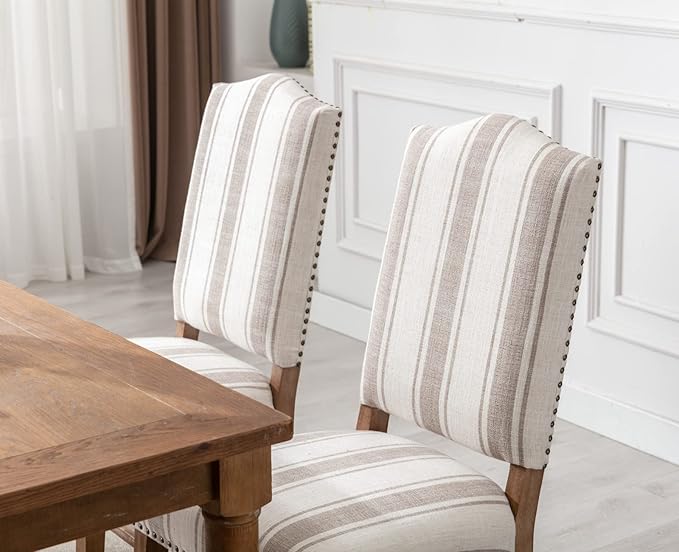 CIMOTA Mid Century Modern Dining Chairs Set of 4, Farmhouse Upholstered Dining Room Chairs Comfortable Kitchen Side Chairs with High Back/Natural Solid Wood Frame, Linen Brown/Beige Stripe