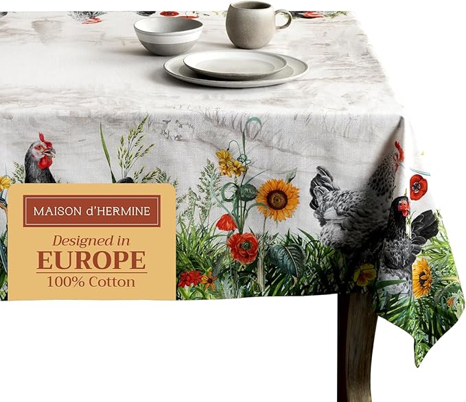 Maison d' Hermine Table Cloth Rectangle Table 100% Cotton 60 x 108 Inches Tablecloth Reusable Decorative for Dining Room Farmhouse Home Valentines Day Decorations Spring Summer - Basse Cour
