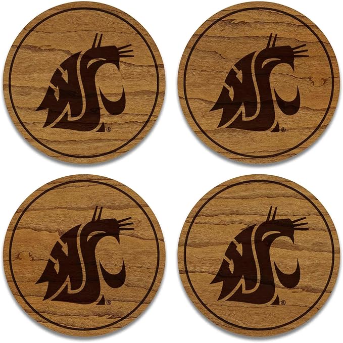 LazerEdge Washington State Cougars Wooden Coaster Set - Cherry Wood - Officially Licensed Product - 4-Pack