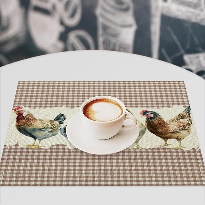 Rustic Rooster Placemat Set, Vintage Boho Farmhouse Colorful Watertcolor Chicken Pink Plaid Pattern Home Decor Table Mats for Dining Room Kitchen Party (17x12in) x2P