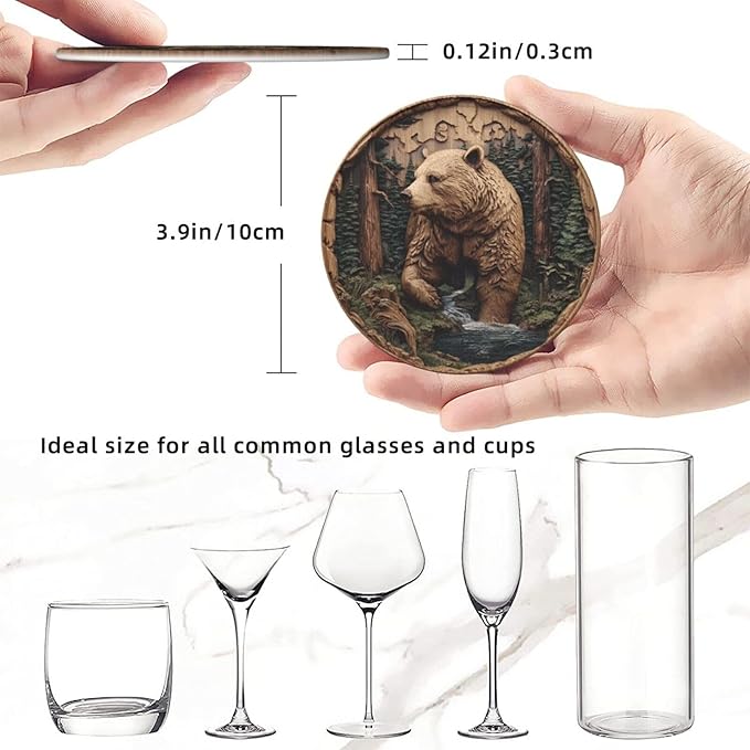 Bear Coasters for Drinks with Holder Round Leather Coasters Set of 6 Cups Mugs Mat Pad for Home Kitchen Bar