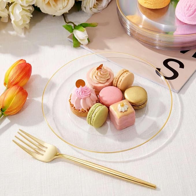 Rubtlamp 200Pcs Clear Gold Dessert Plates With Plastic Gold Forks, 100pcs 7.5inch Plates For Appetizers,100pcs 7.8inch Premium Forks Disposable, Cake Platos Disposable for Wedding